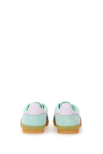 Adidas women’s gazelle indoor sneaker in pastel mint and lavender suede with a translucent gum sole