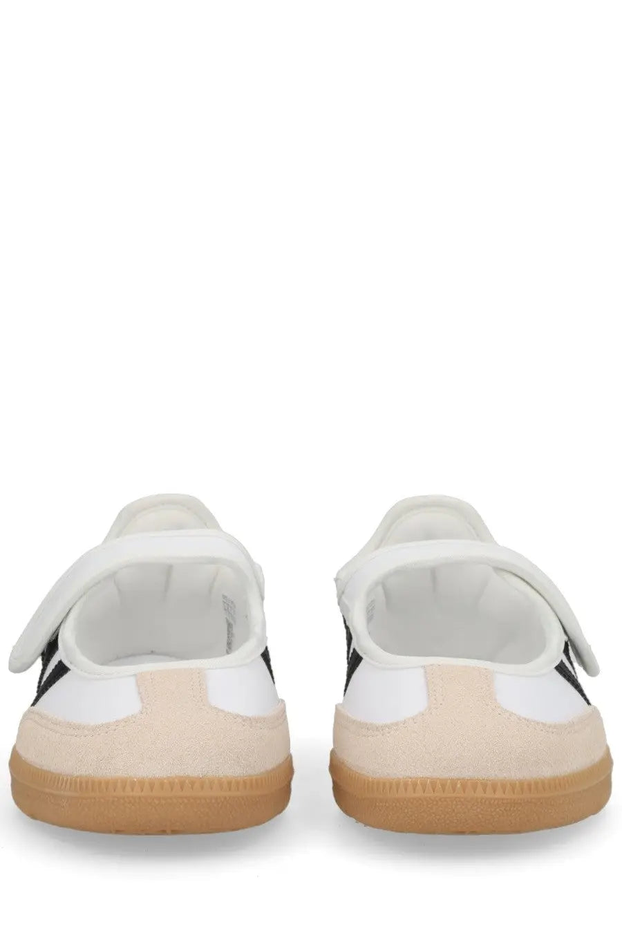 Adidas women’s Samba Jane sneaker white featuring white and black suede with a tan rubber sole