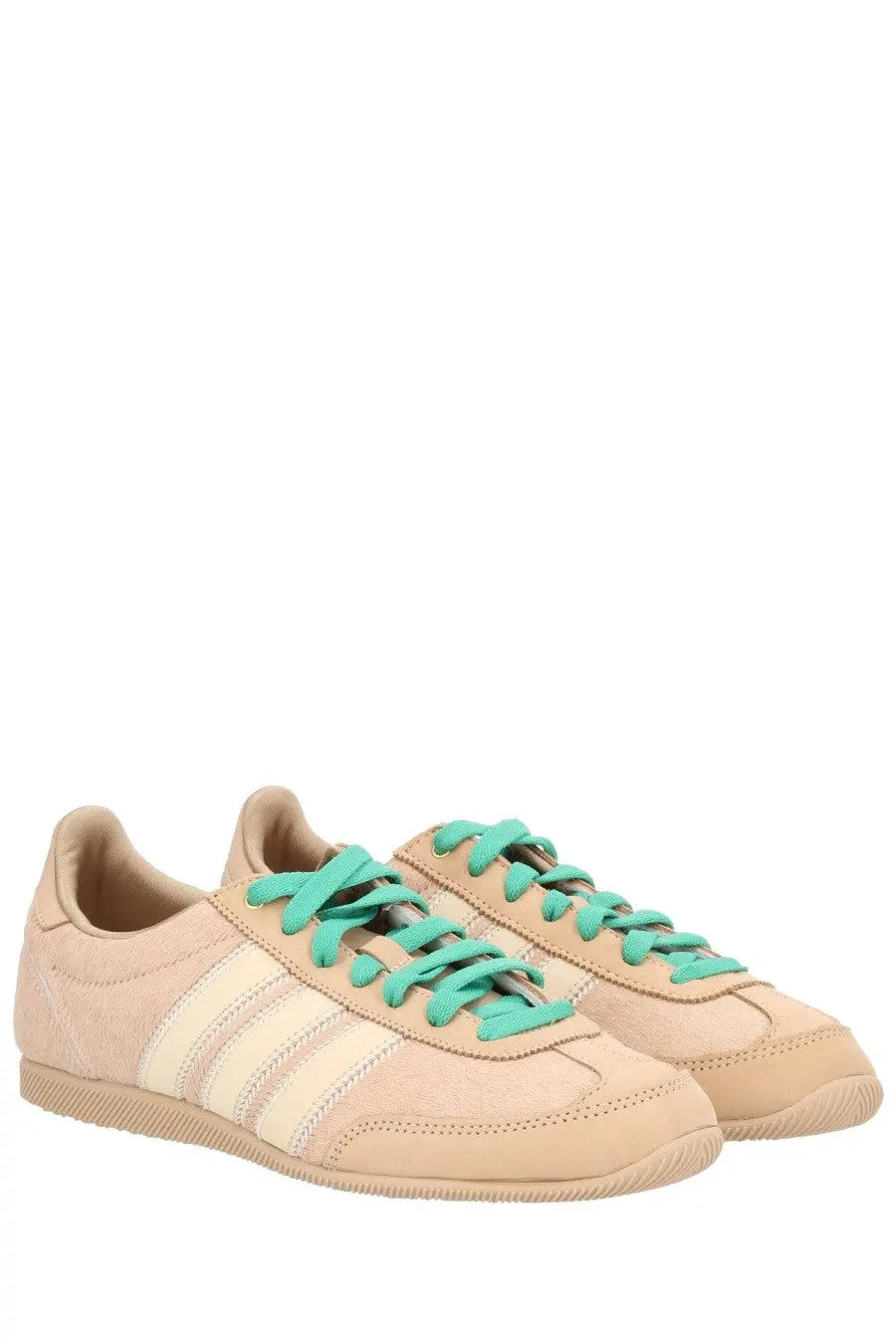 Adidas women’s sneaker japan warsan beige suede with three white stripes and teal laces