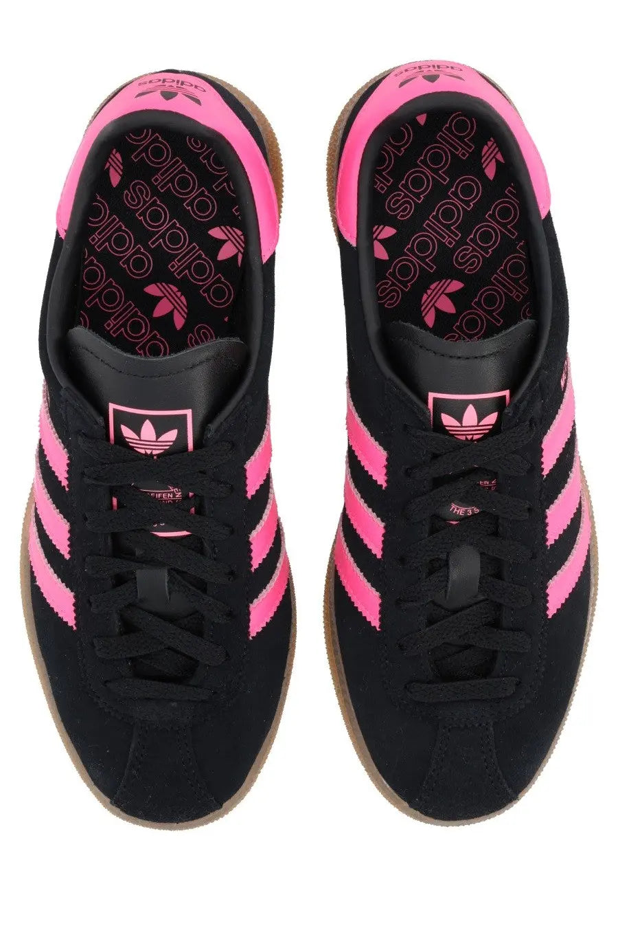 Adidas women’s sneaker muenchen black black suede with vibrant pink stripes heel branding and interior logo detailing