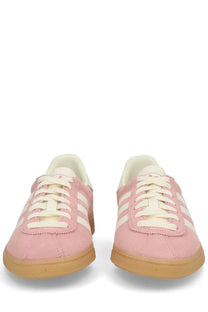 Pink suede adidas women’s sneaker muenchen blue with white stripes and cream laces front view