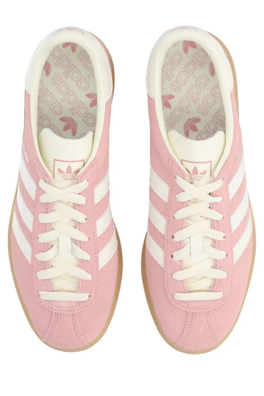 Adidas women’s sneaker muenchen blue in pink suede with white stripes and matching laces front view