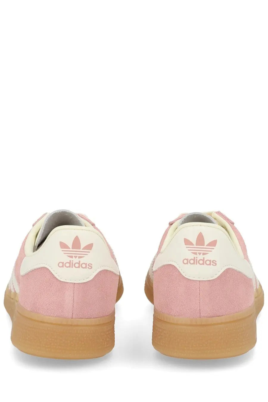 Pink and white adidas womens sneaker muenchen blue with suede upper gum rubber sole and pink heel logo back view