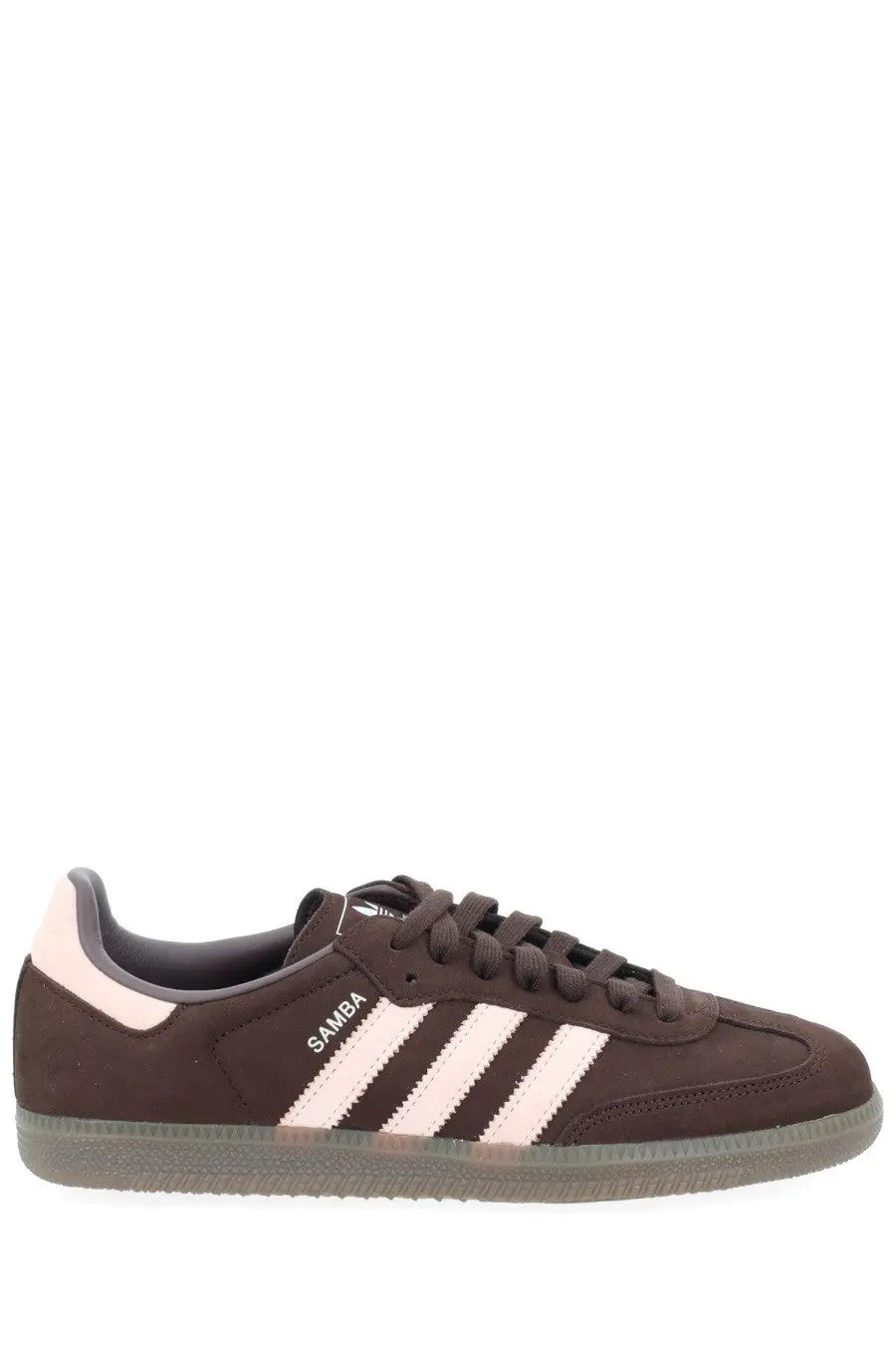 Adidas women’s sneaker samba brown suede with three white stripes and a light pink heel tab shown from the back