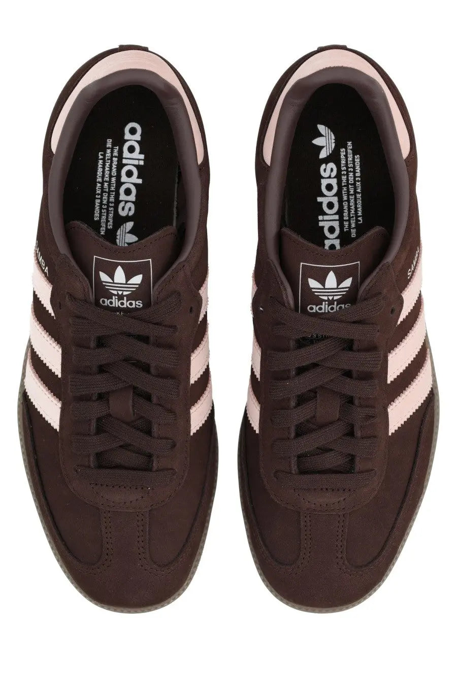 Adidas women’s sneaker samba brown brown suede with three white stripes and light pink heel tab shown from back