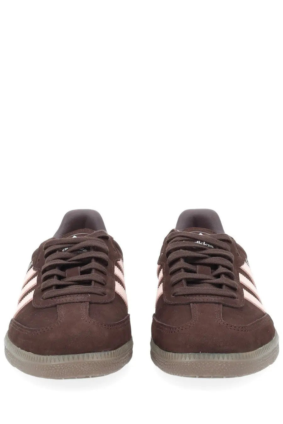 Adidas women sneaker samba brown suede with light pink stripes and gum rubber sole visible from the side