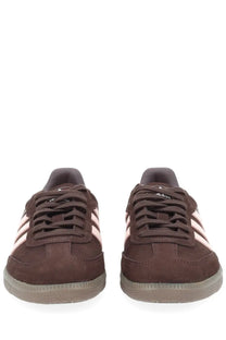 Adidas women sneaker samba brown suede with light pink stripes and gum rubber sole visible from the side