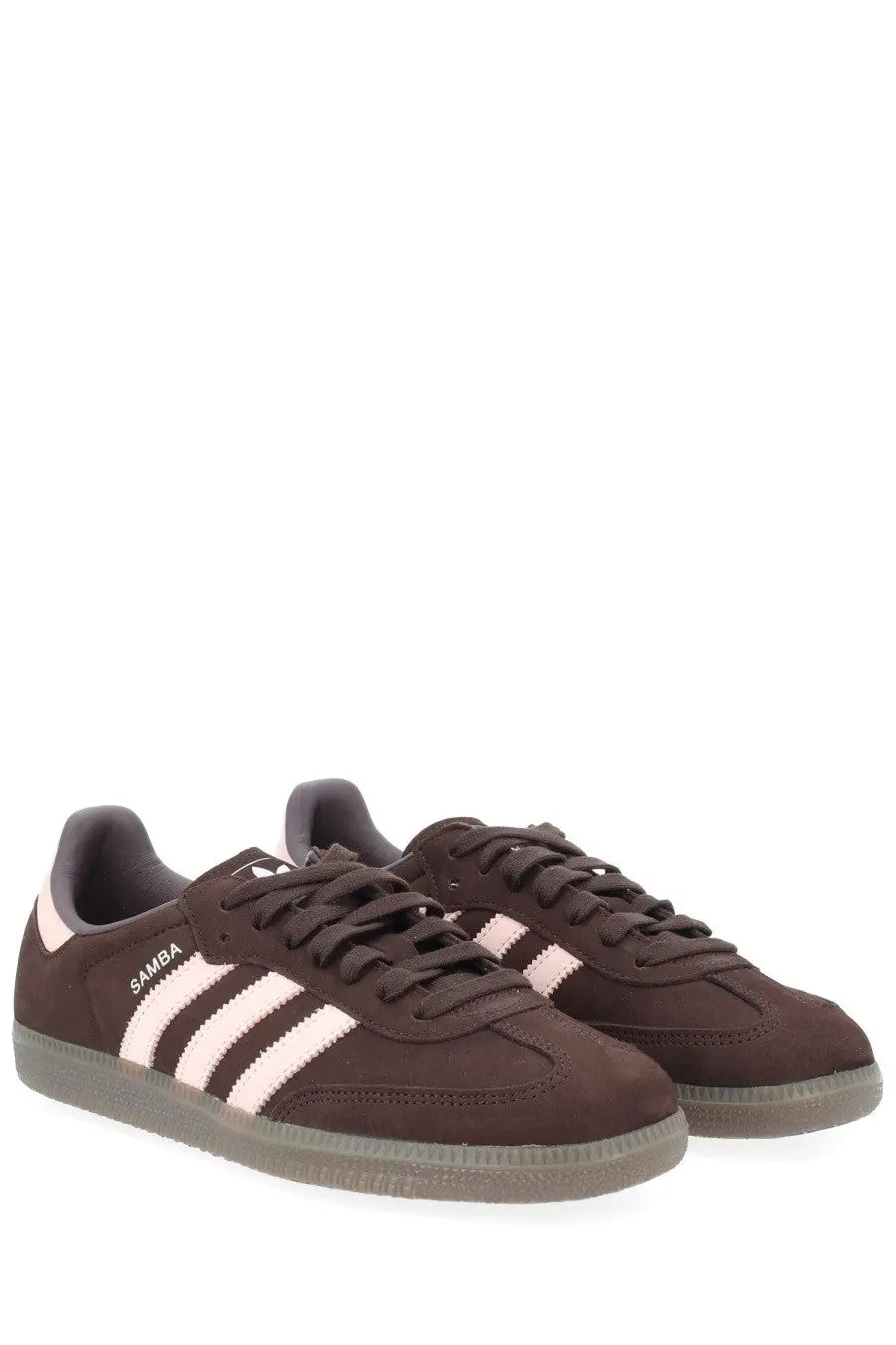 Adidas women’s sneaker samba brown suede with three pale pink stripes and matching laces