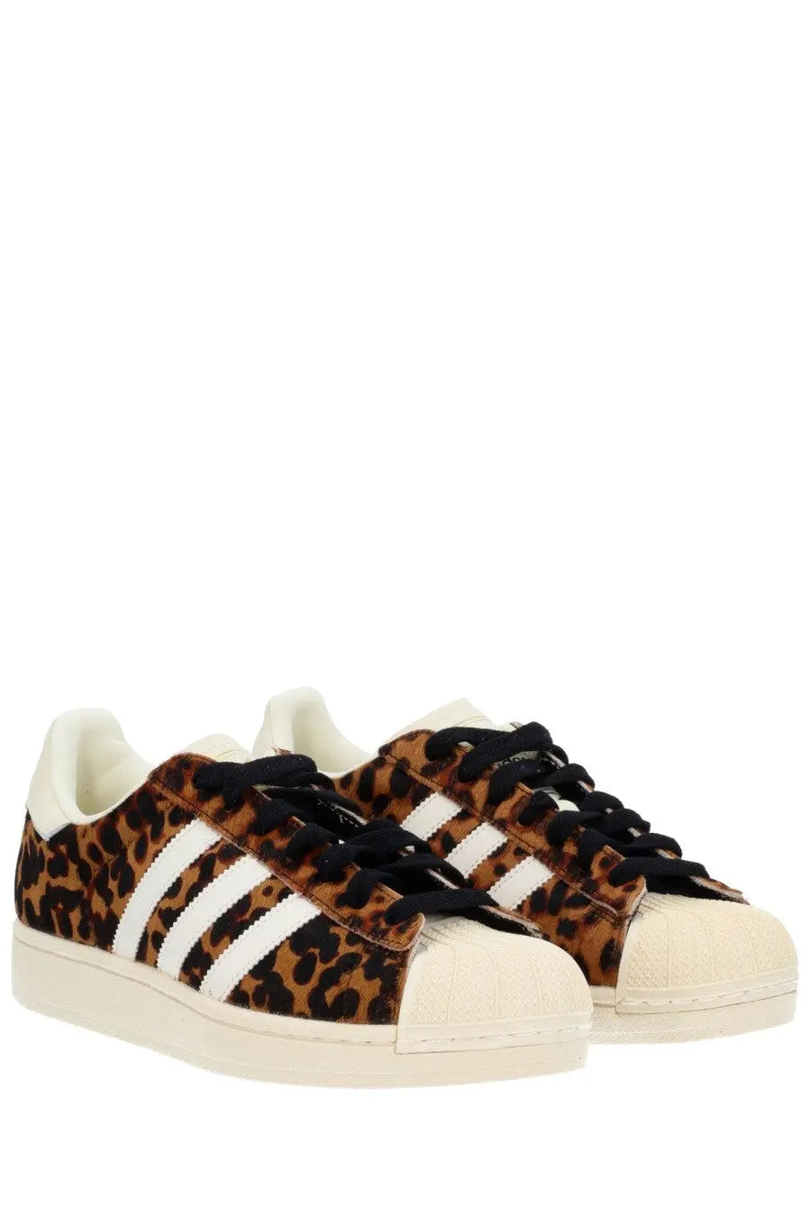 Adidas women’s superstar ii sneaker in leopard print with white stripes and black laces in multicolor design