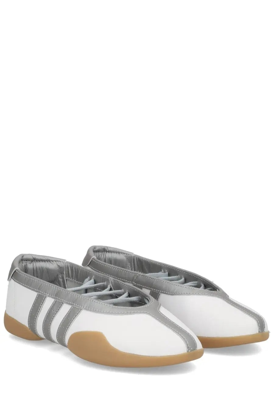 Adidas women’s Taekwondo Mei sneaker in white and gray with three stripes smooth leather upper and tan rubber sole