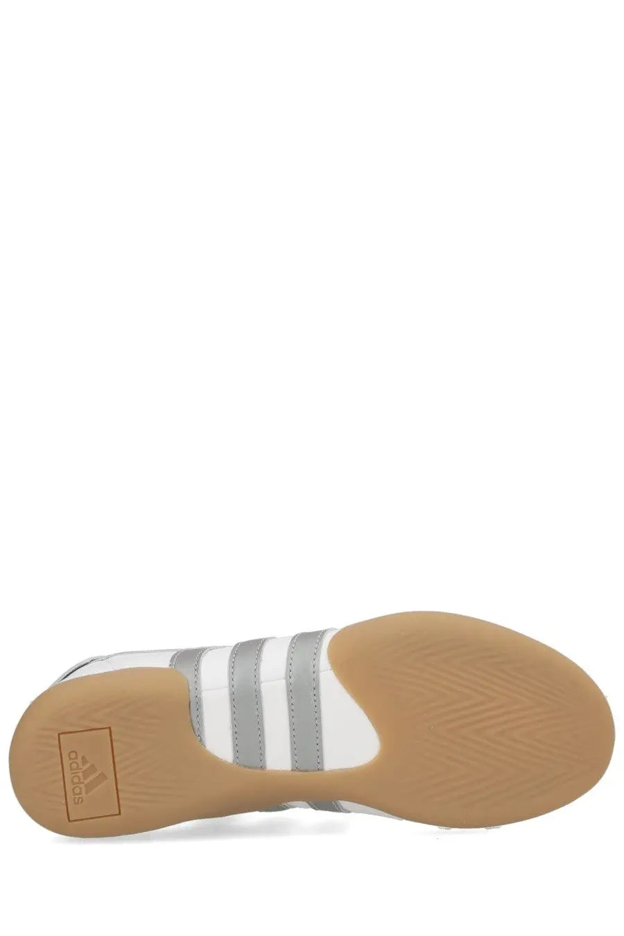 White and silver adidas womens taekwondo mei sneaker with three stripes on the side