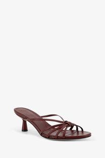 Aeyde womens abby burgundy leather strappy mule sandal with a slender heel for stylish wear