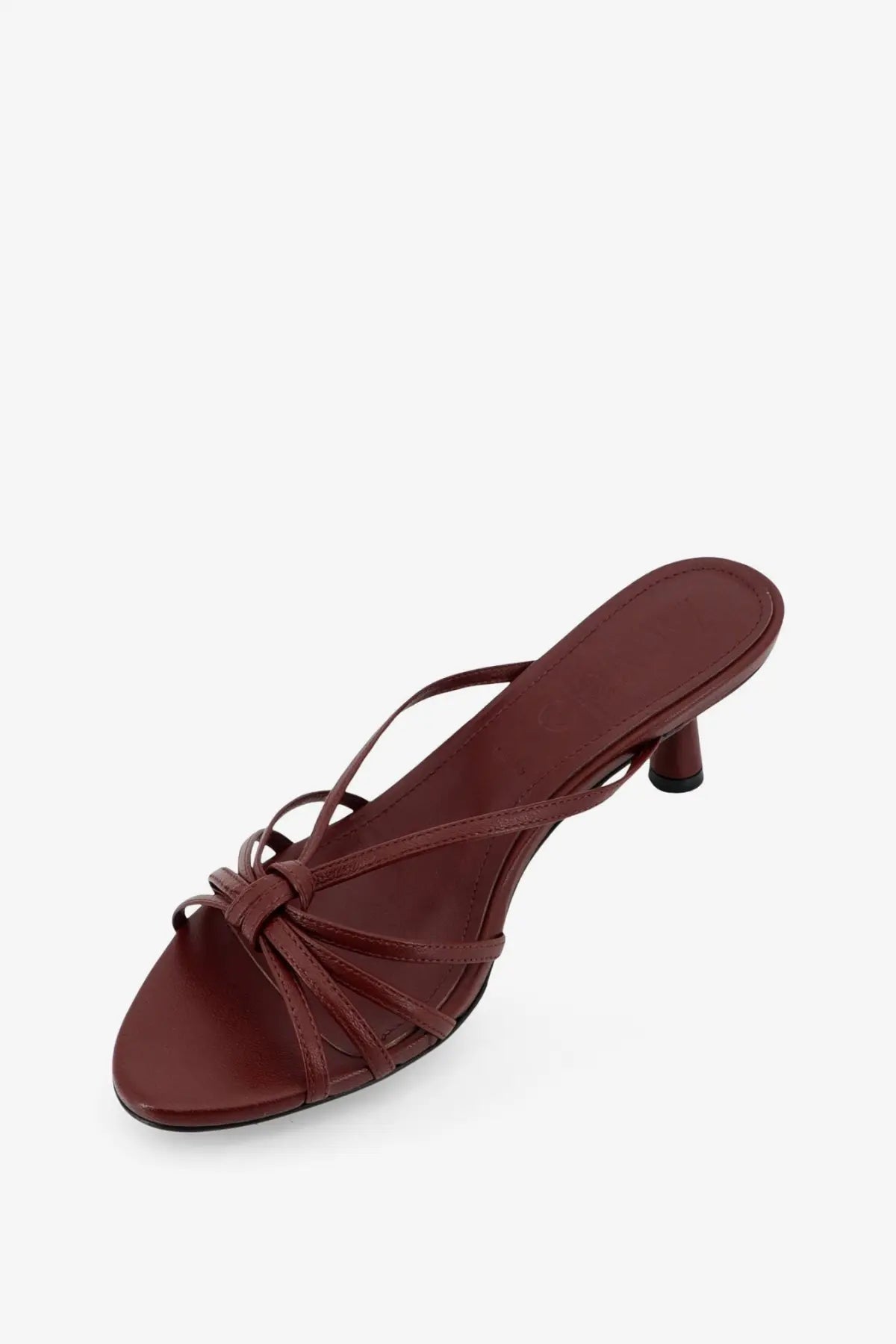 Aeyde women’s abby burgundy leather strappy mule sandal with low heel and gold accents