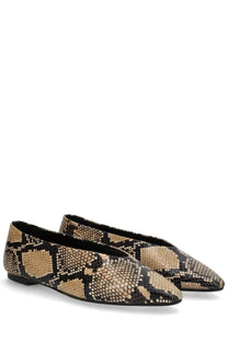 Aeyde women’s ballerina betty pattern beige and black snake print flat shoes with a sleek pointed toe design