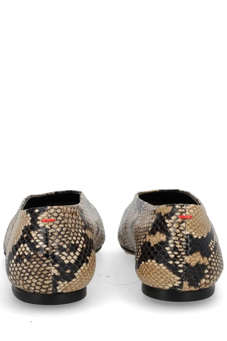 Aeyde women’s ballerina Betty pattern snake-print leather loafers with black soles and small red logo on the heel back side