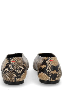 Aeyde women’s ballerina Betty pattern snake-print leather loafers with black soles and small red logo on the heel back side