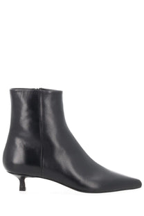 Aeyde women’s black leather ankle boot sofie with pointed toe and low kitten heel shown from the back side