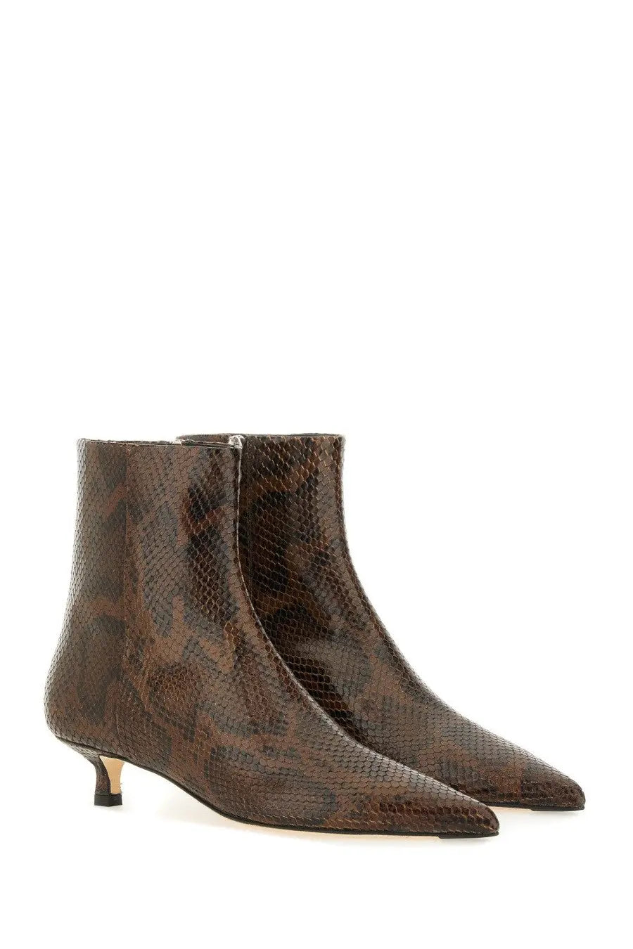 Aeyde women’s boot Sofie brown ankle boots with brown snake-print leather pointed toe and low heel