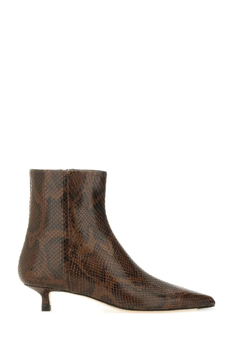 Brown snake-print leather ankle boot with slender heel by aeyde womens boot sofie brown
