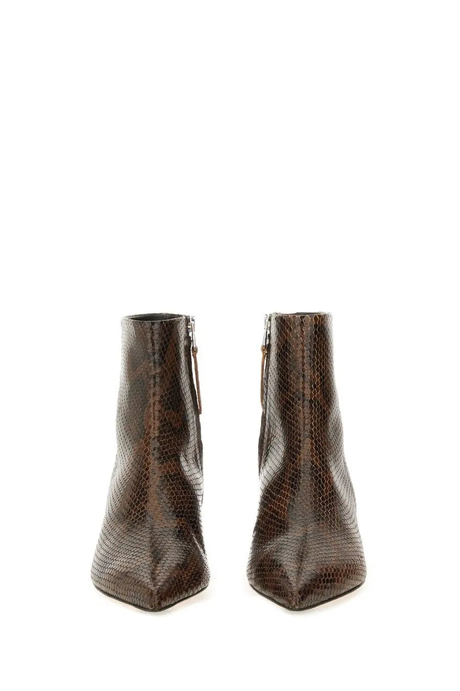 Aeyde women’s boot Sofie brown snake-print leather ankle boots with pointed toe and zipper closure
