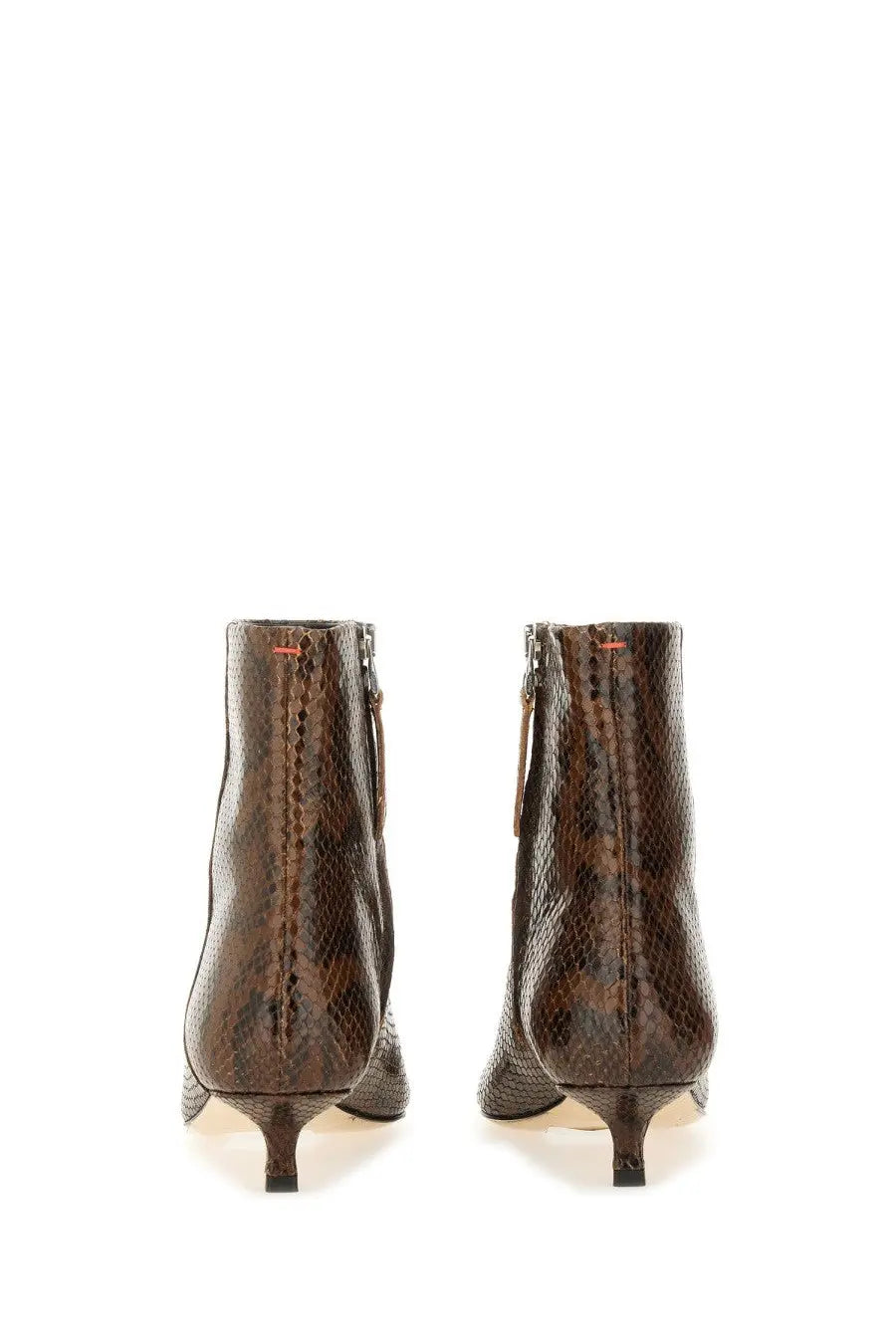 Aeyde women’s brown snake-print leather ankle boots with slender heel and zipper closure