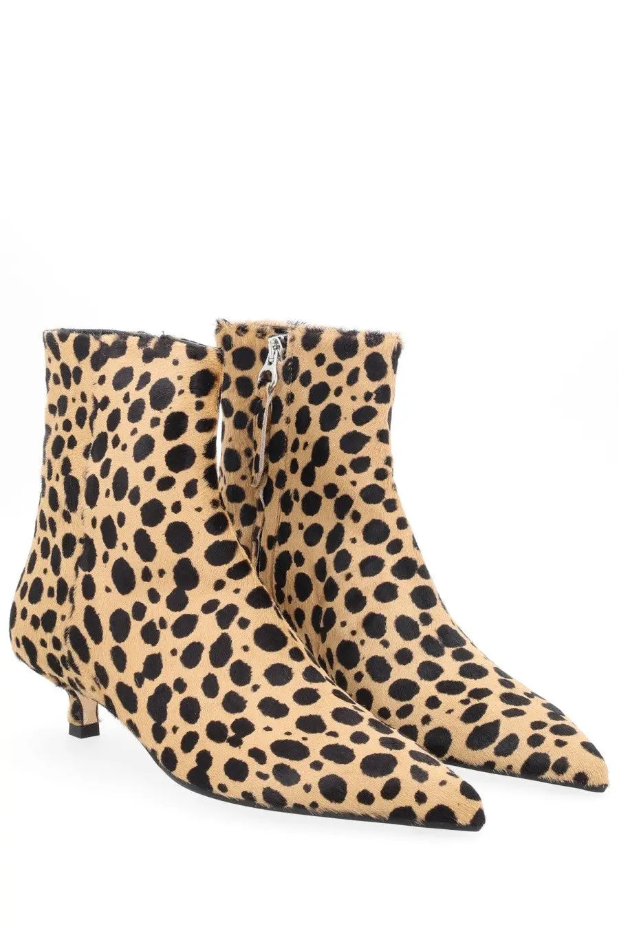 Aeyde women’s sofie pattern leopard-print ankle boots in tan and black with pointed toe and low heel