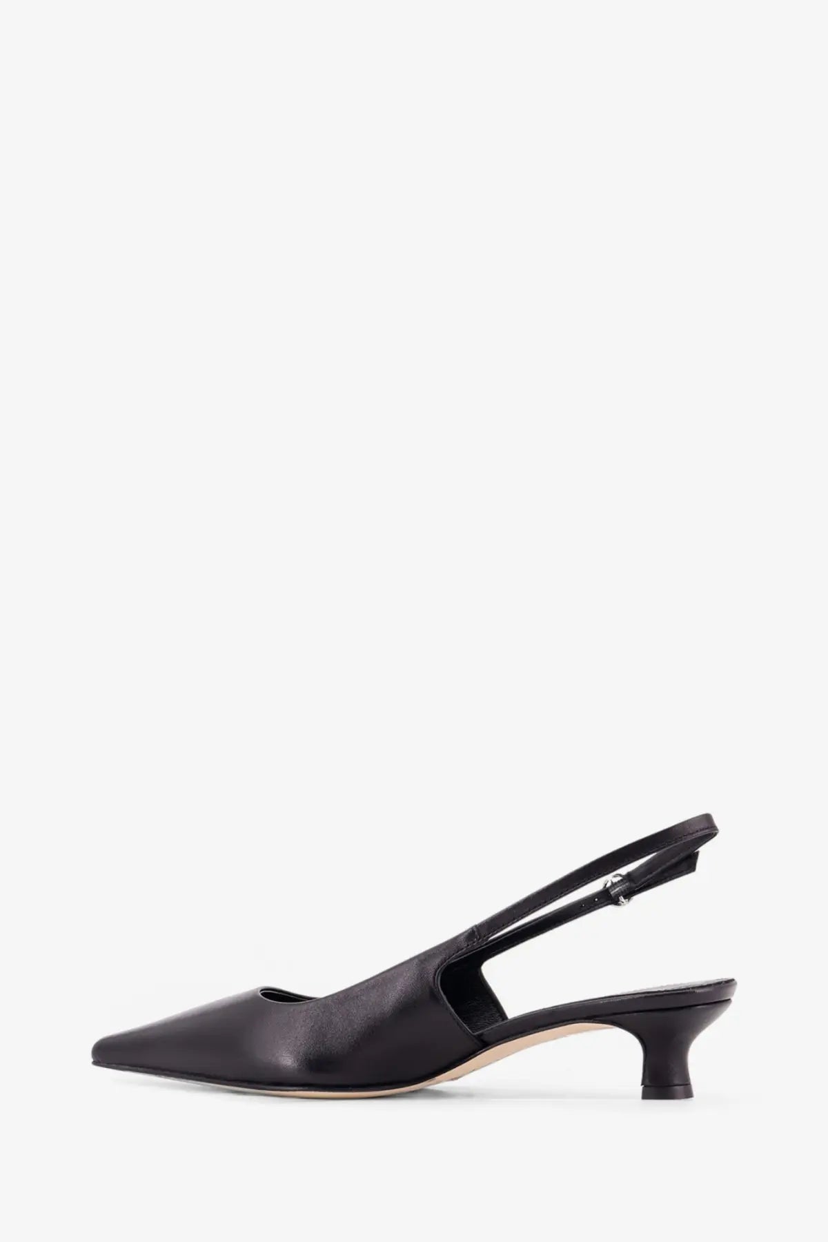 Aeyde women’s black leather slingback pump with pointed toe and low block heel shown from the back side