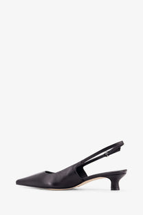 Aeyde women’s black leather slingback pump with pointed toe and low block heel shown from the back side