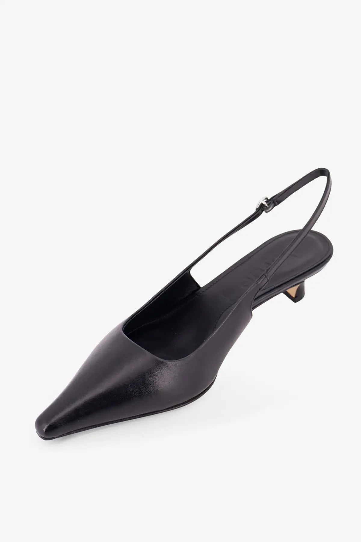 Aeyde women’s catrina black leather slingback pump with pointed toe and low block heel front view