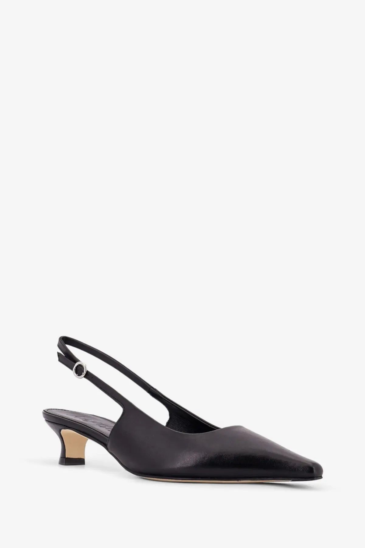 Aeyde women’s catrina black leather slingback pump with pointed toe and low block heel shown from the back side