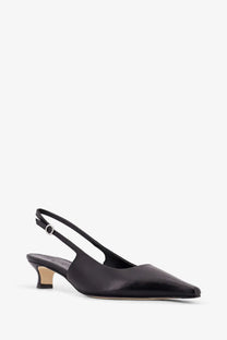 Aeyde women’s catrina black leather slingback pump with pointed toe and low block heel shown from the back side