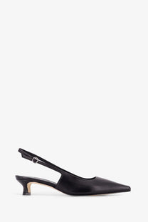 Aeyde women’s Catrina black leather slingback pump with pointed toe and low block heel shown from the back side