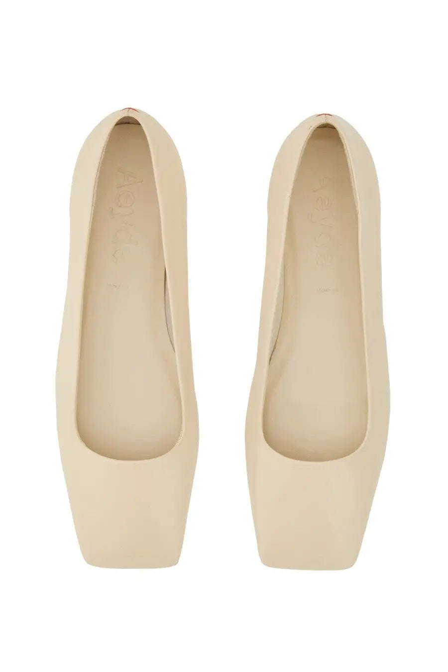 Aeyde women’s dancer crazy white cream-colored square-toe flats with smooth minimalist leather design