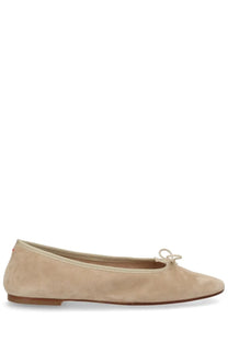Beige suede ballet flat with a delicate bow at the toe from Aeyde women’s dancer dolphin beige collection