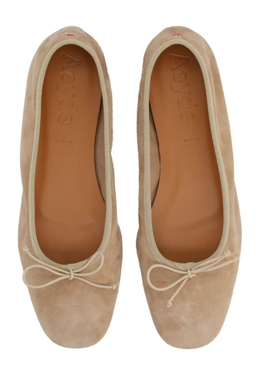 Aeyde women’s dancer dolphin beige ballet flats in beige suede with a delicate bow at the toe
