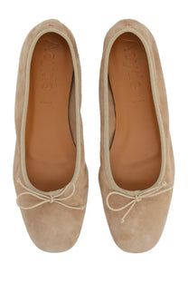Aeyde women’s dancer dolphin beige ballet flats in beige suede with a delicate bow at the toe