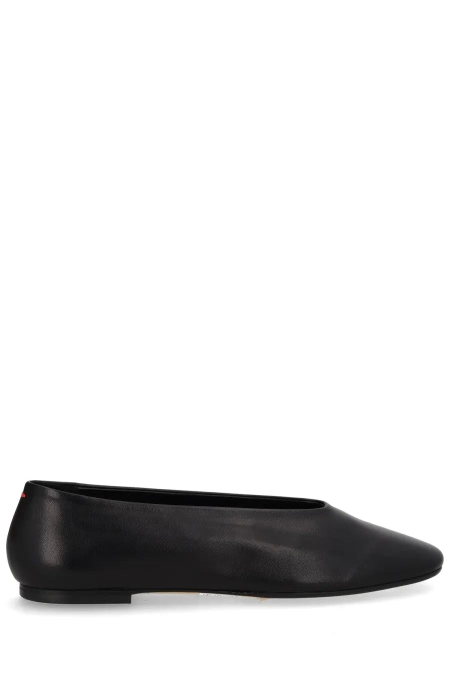 Aeyde women’s dancer Kirsten black leather ballet flat with sleek minimalist design and subtle red logo on the back heel