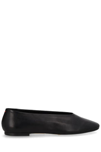 Aeyde women’s dancer Kirsten black leather ballet flat with sleek minimalist design and subtle red logo on the back heel
