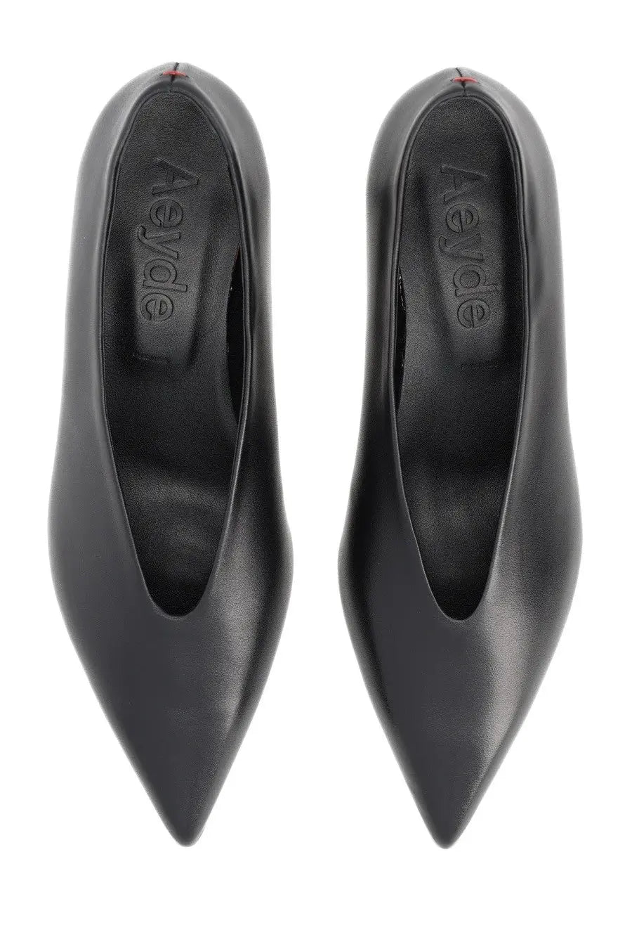 Black leather aeyde women’s écolleté clara pointed-toe pumps showcasing sleek elegant design
