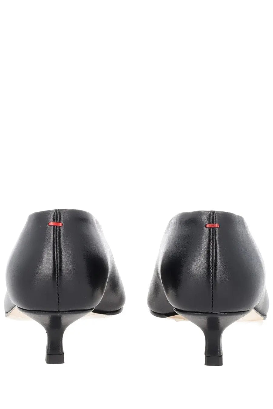 Black leather pumps aeyde womens écolleté clara with sleek minimalist design and red stitching at the heel back view