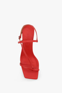 Aeyde women’s elise leather thong sandals in vibrant red with strappy design, square heel, and ankle strap