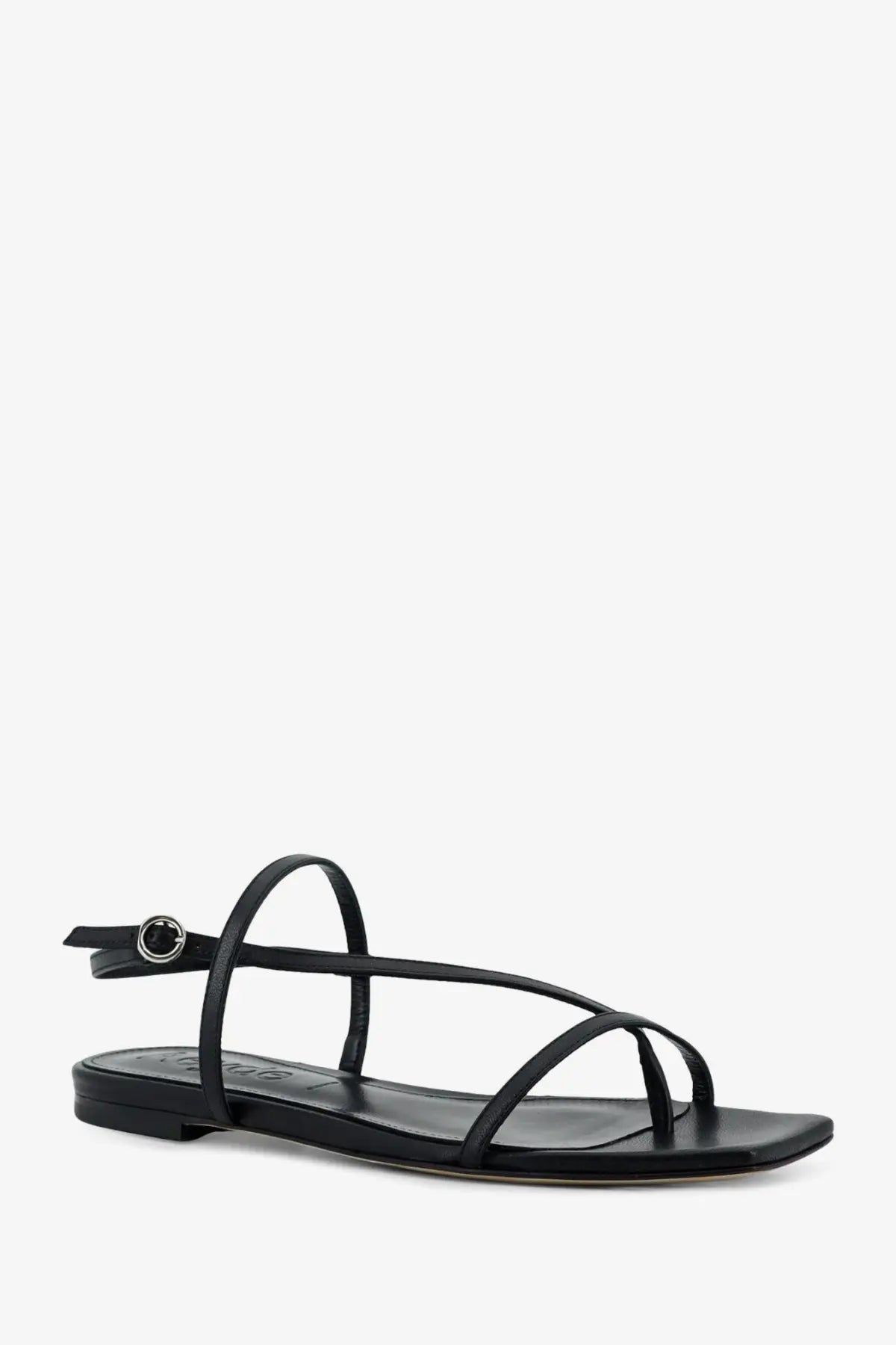 Aeyde women’s Ella flat leather sandals in black with thin straps and a sleek minimalist sole