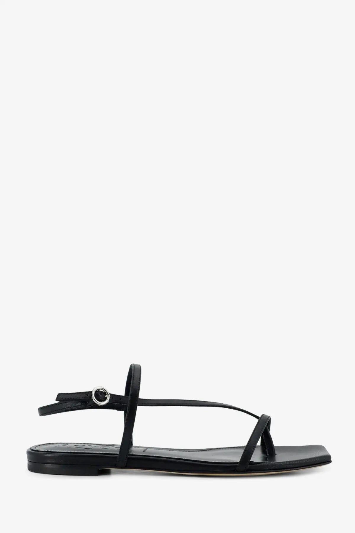 Aeyde women’s Ella flat leather sandals black with minimalist design and small silver buckle on black leather straps