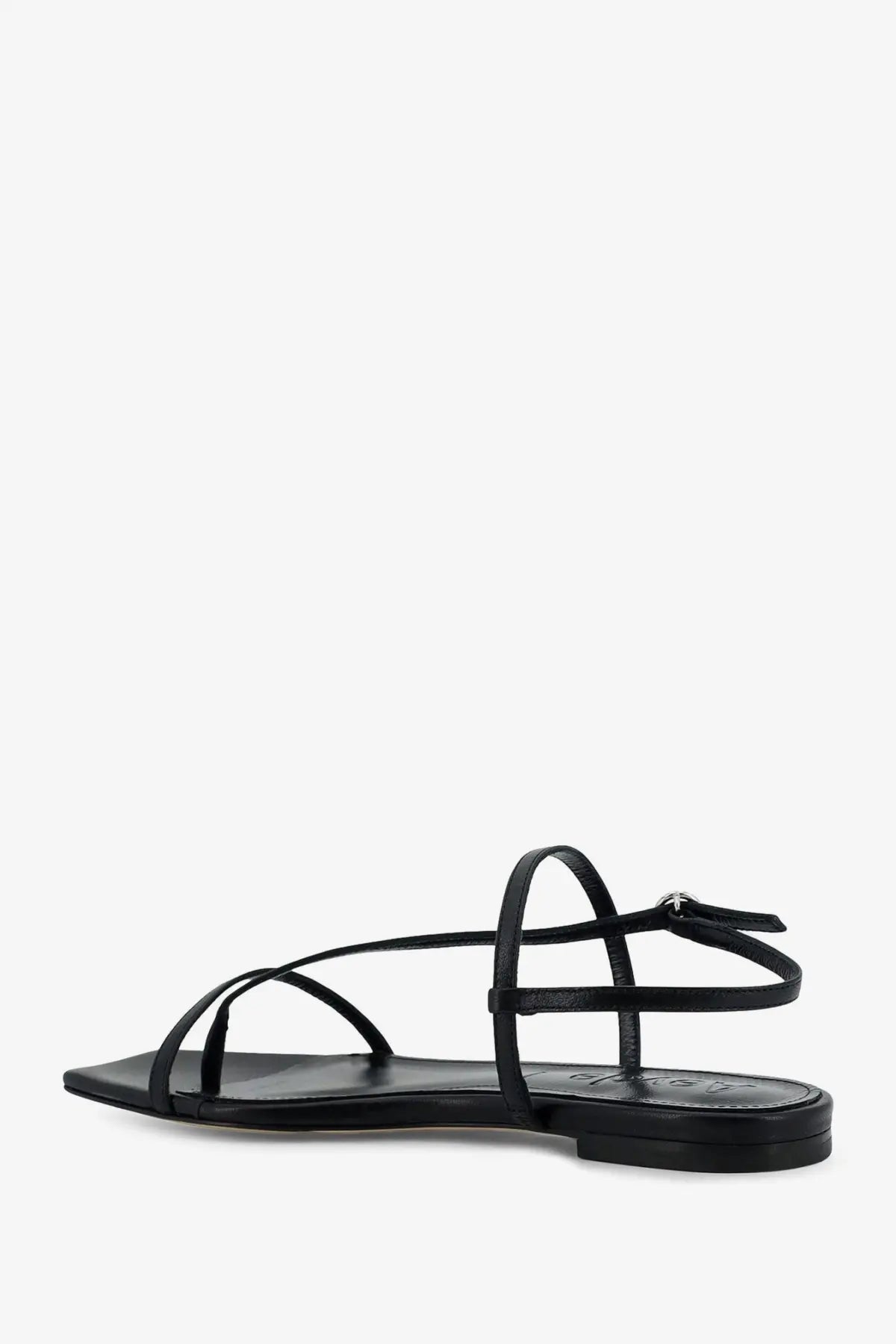 Aeyde women’s Ella flat leather sandals in black featuring thin straps and a minimalist design