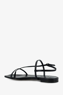 Aeyde women’s Ella flat leather sandals in black featuring thin straps and a minimalist design