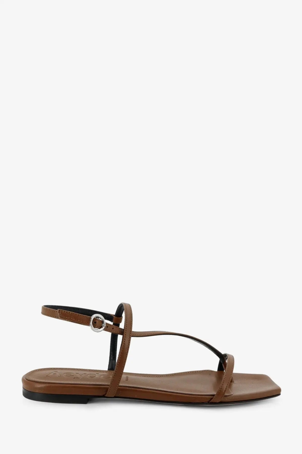 Aeyde women’s Ella flat leather sandal in brown with thin straps and a silver-toned buckle minimalist design
