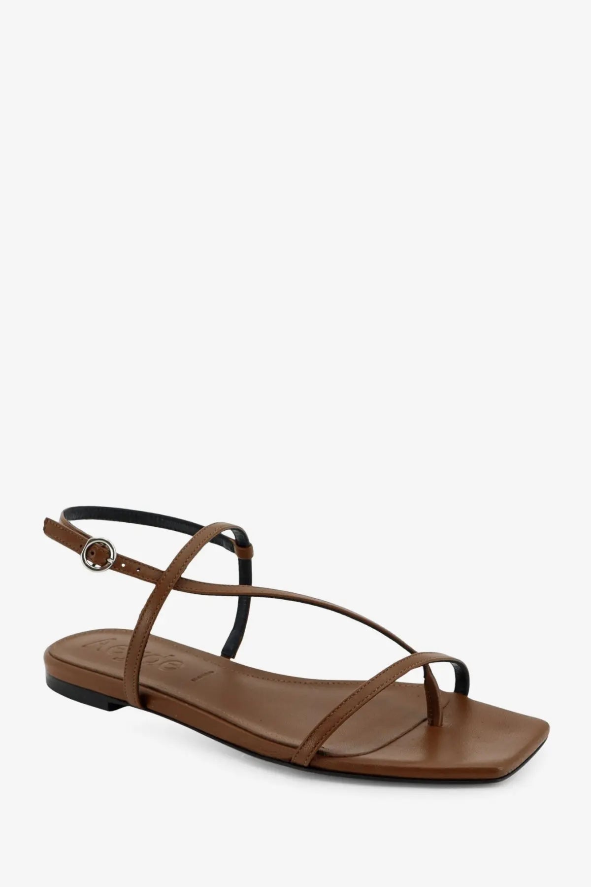 Aeyde women’s Ella flat leather sandals in brown with black ankle strap and silver buckle detail