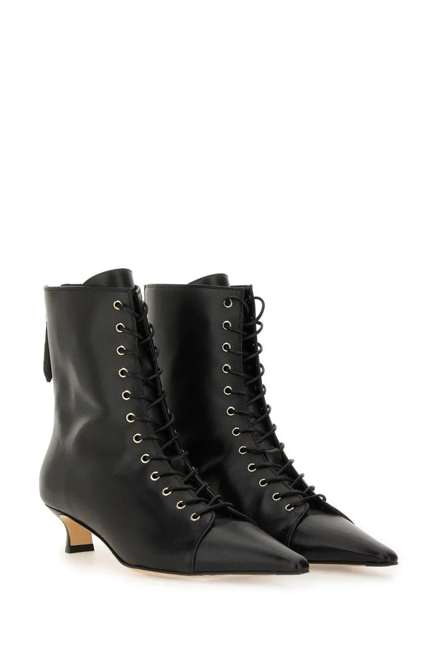 Aeyde women’s black leather lace-up ankle boots with pointed toe and low block heel