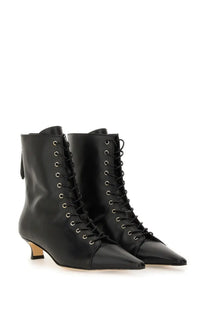 Aeyde women’s black leather lace-up ankle boots with pointed toe and low block heel