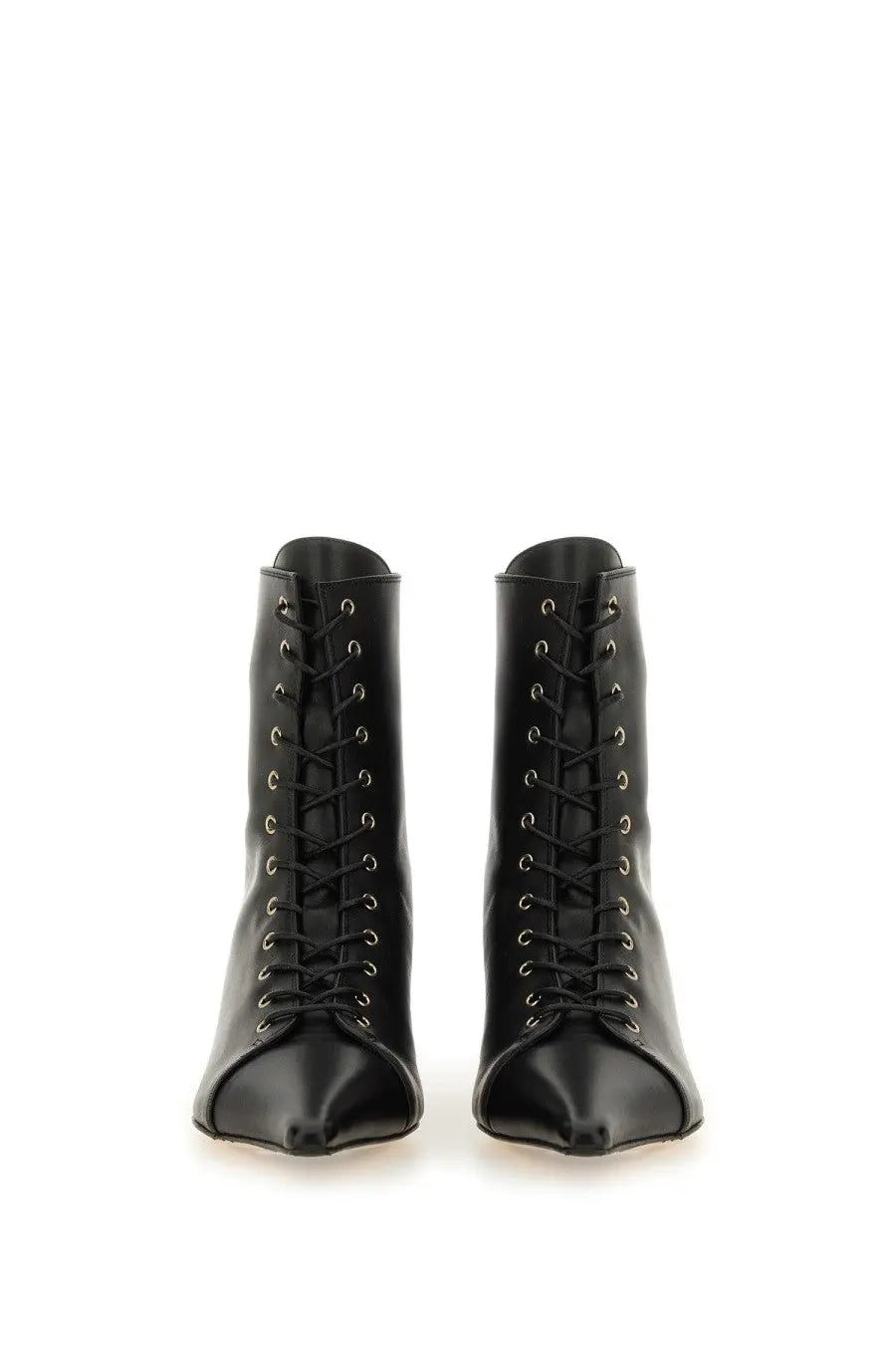 Aeyde women’s black leather lace-up ankle boots with pointed toes and silver eyelets